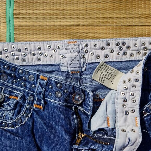 LA Idol skinny stud jewel flap faded Jeans 3 28x32 - Picture 6 of 6